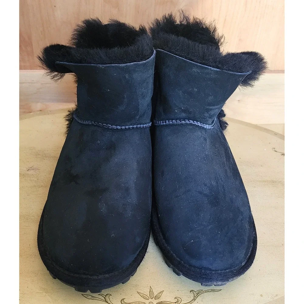 Unbranded Y2K US 9 Black‎ Leather Shearling Wool Lining Ankle Boots Cozy Warm